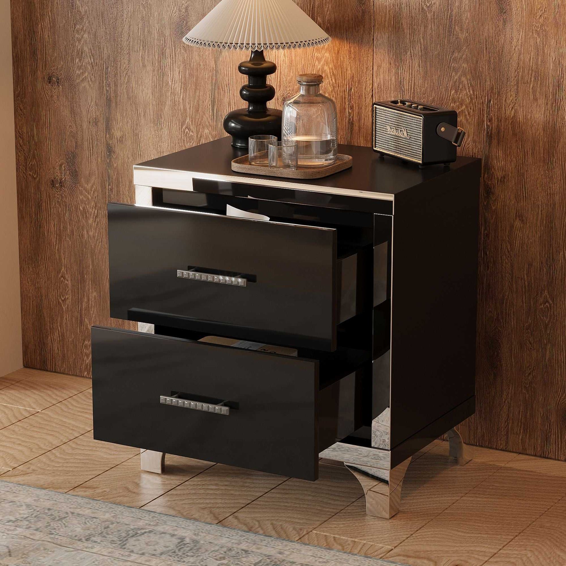 Elegant High Gloss Nightstand with Metal Handle,Mirrored Bedside Table with 2 Drawers for Bedroom,Living Room - luxuryhomedecoridea.com
