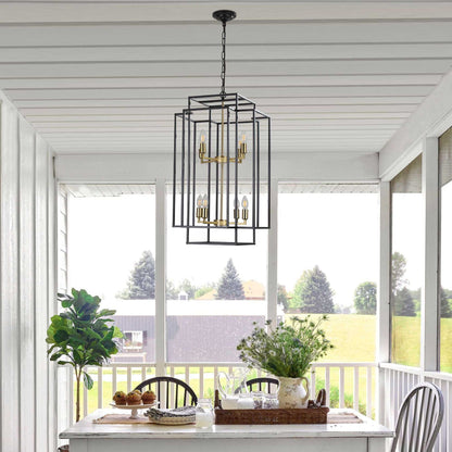 (Same as W1340142524/L1018-G) 18" Modern 8-Light Black Gold Geometric Pendant Chandelier, Industrial Metal Frame, Adjustable Hanging Light for Living Room, Dining Room, Kitchen (No Bulbs) - luxuryhomedecoridea.com