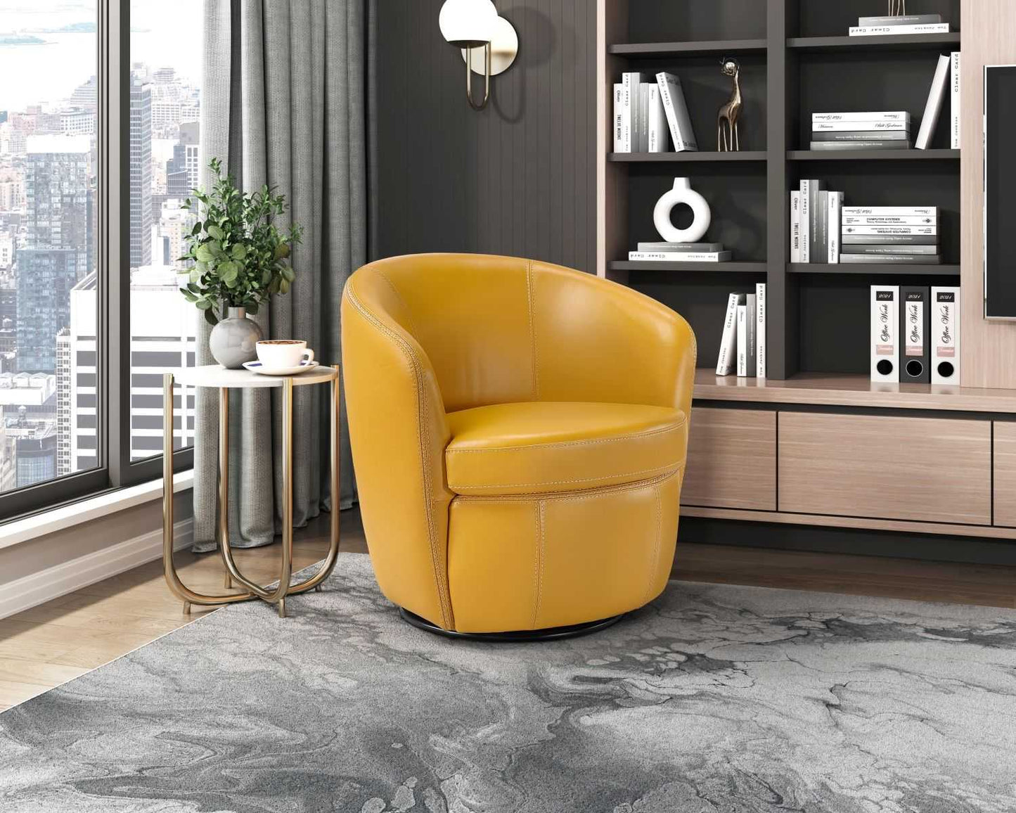 Luxury Living Room Furniture Swivel Chair Yellow Top Grain Leather Upholstery Solid Wood 1pc Barrel Back Accent Chair - luxuryhomedecoridea.com