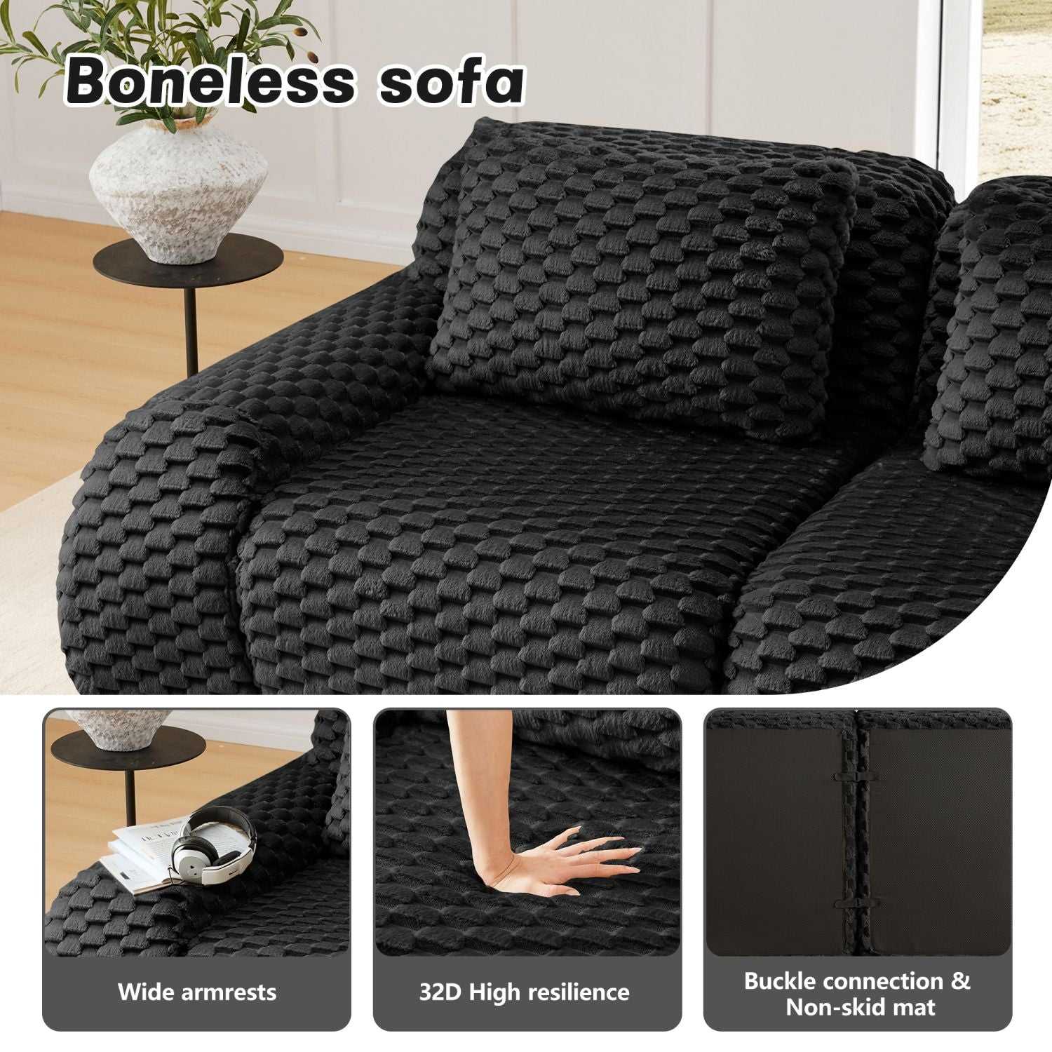 82" Modern L-Shaped Modular Sectional Sofa for Living Room,Flannelette Fabric,Oversized 2-Seater Couch,Deep Seat,Boneless sofa,Movable Ottoman,Buckle connection,Anti-slip Design,No Assembly,Black - luxuryhomedecoridea.com