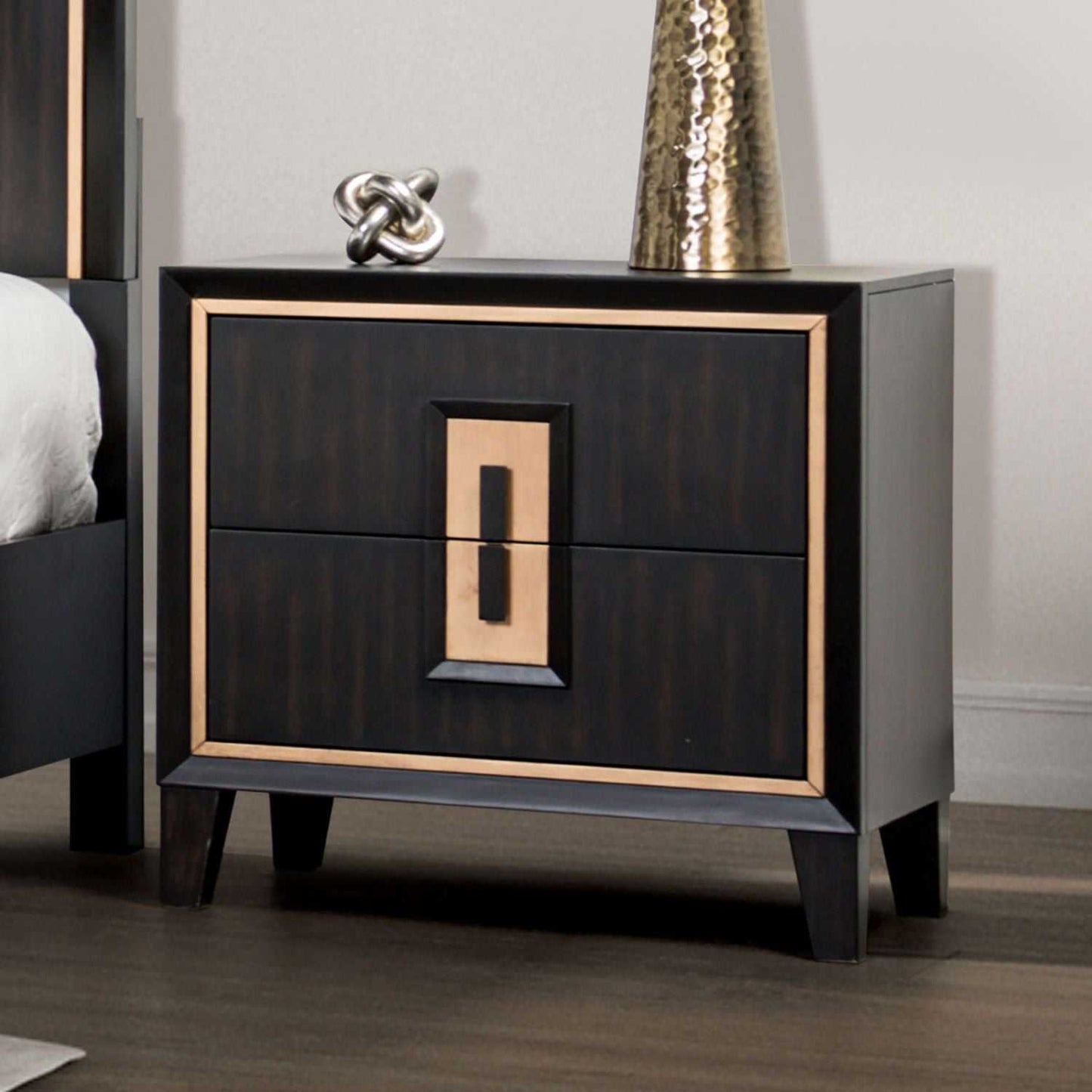 Modern Espresso Bedside Table Bedroom Furniture 1pc Nightstand Gold Accent Trim Wooden Finger Pull - luxuryhomedecoridea.com