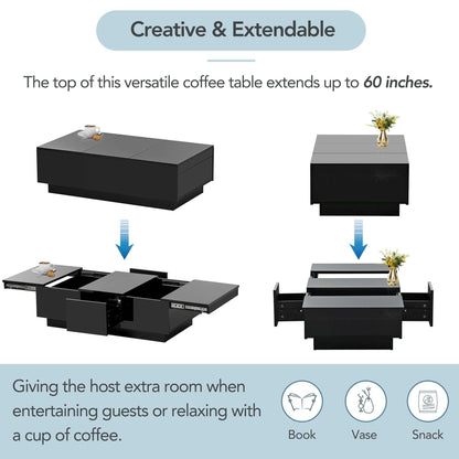 Coffee Table with 2 large Hidden Storage Compartment, Extendable Cocktail Table with 2 Drawers, High-gloss Center Table with Sliding Top for Living Room, 39.3"x21.6", Black - luxuryhomedecoridea.com