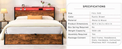 Lift-up Storage Bed Frame, Full Size Bed Frame with Bookcase Headboard & LED Lights, Wooden Platform Bed Frame with Charging Station, No Spring Box Needed, Rustic Brown - luxuryhomedecoridea.com