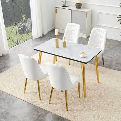 Table and chair set.Table and chair set.White imitation marble texture glass top + lower black MDF board,silver metal legs.Paired with 4 WHITE chairs with PU artificial leather backrest cushions. - luxuryhomedecoridea.com