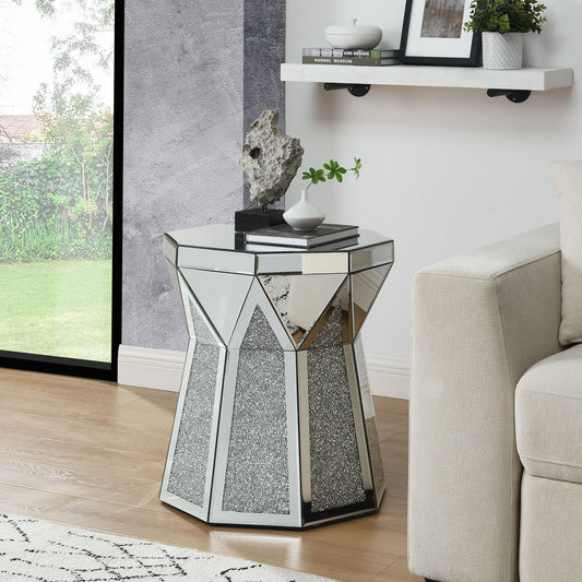 Drum style coffee table with mirror crystal inlay, polygonal silver decorative table, modern design luxury modern furniture, 20 inch (about 50 centimeters) low coffee table, suitable for living room luxury home decor