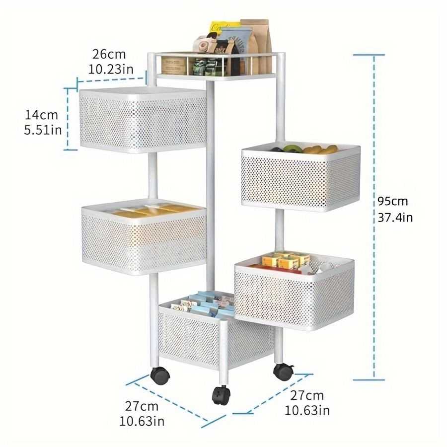 Rotating Kitchen Storage Shelf 5 Tier, Metal Fruit Vegetable Storage Basket Multi-Layer Vegetable Rack Storage Trolley on Wheels, Floor-Standing Basket for Kitchen Bathroom, Square - luxuryhomedecoridea.com
