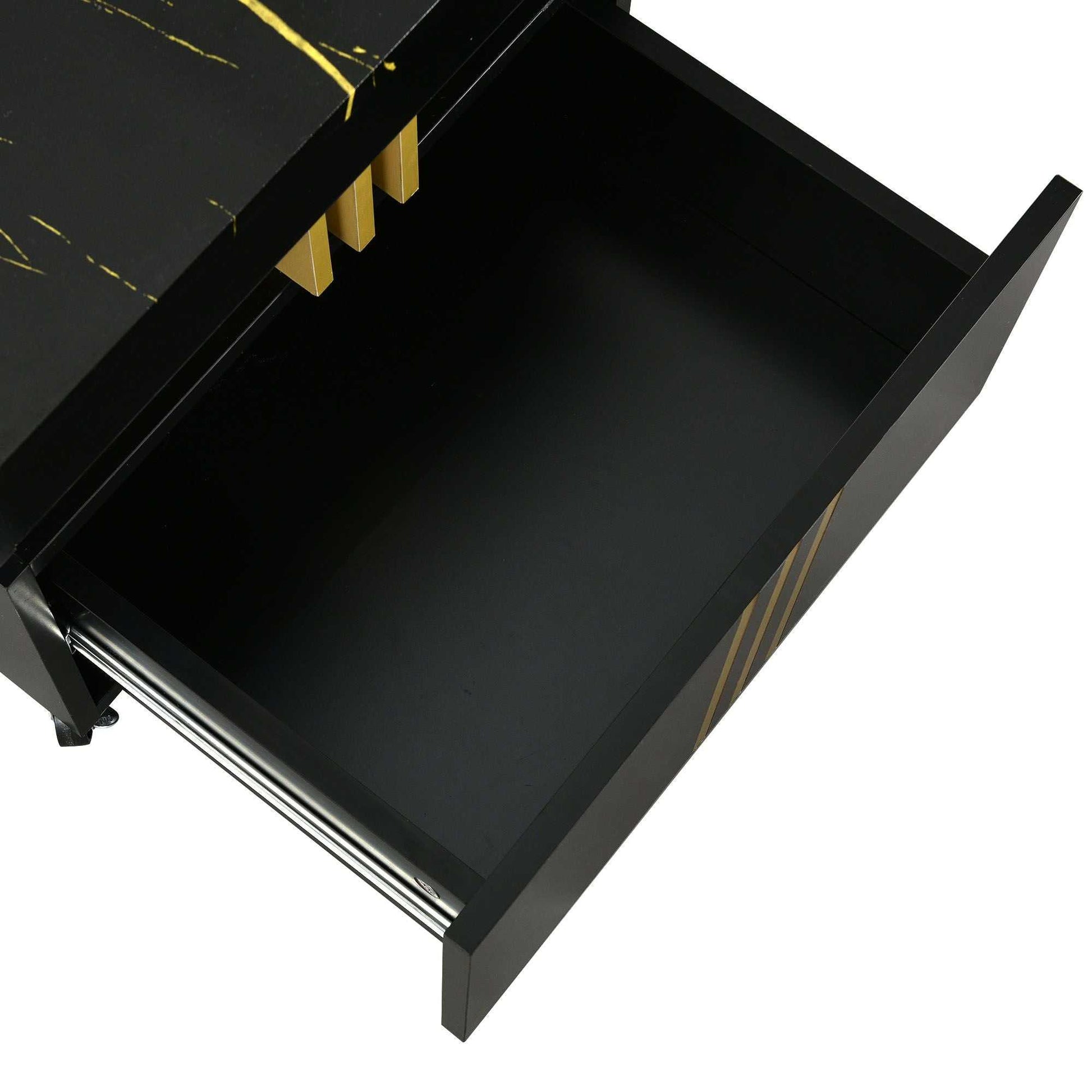 [VIDEO provided] ON-TREND Contemporary Coffee Table with Faux Marble Top, Rectangle Cocktail Table with Caster Wheels, Moderate Luxury Center Table with Gold Metal Bars for Living Room, Black - luxuryhomedecoridea.com