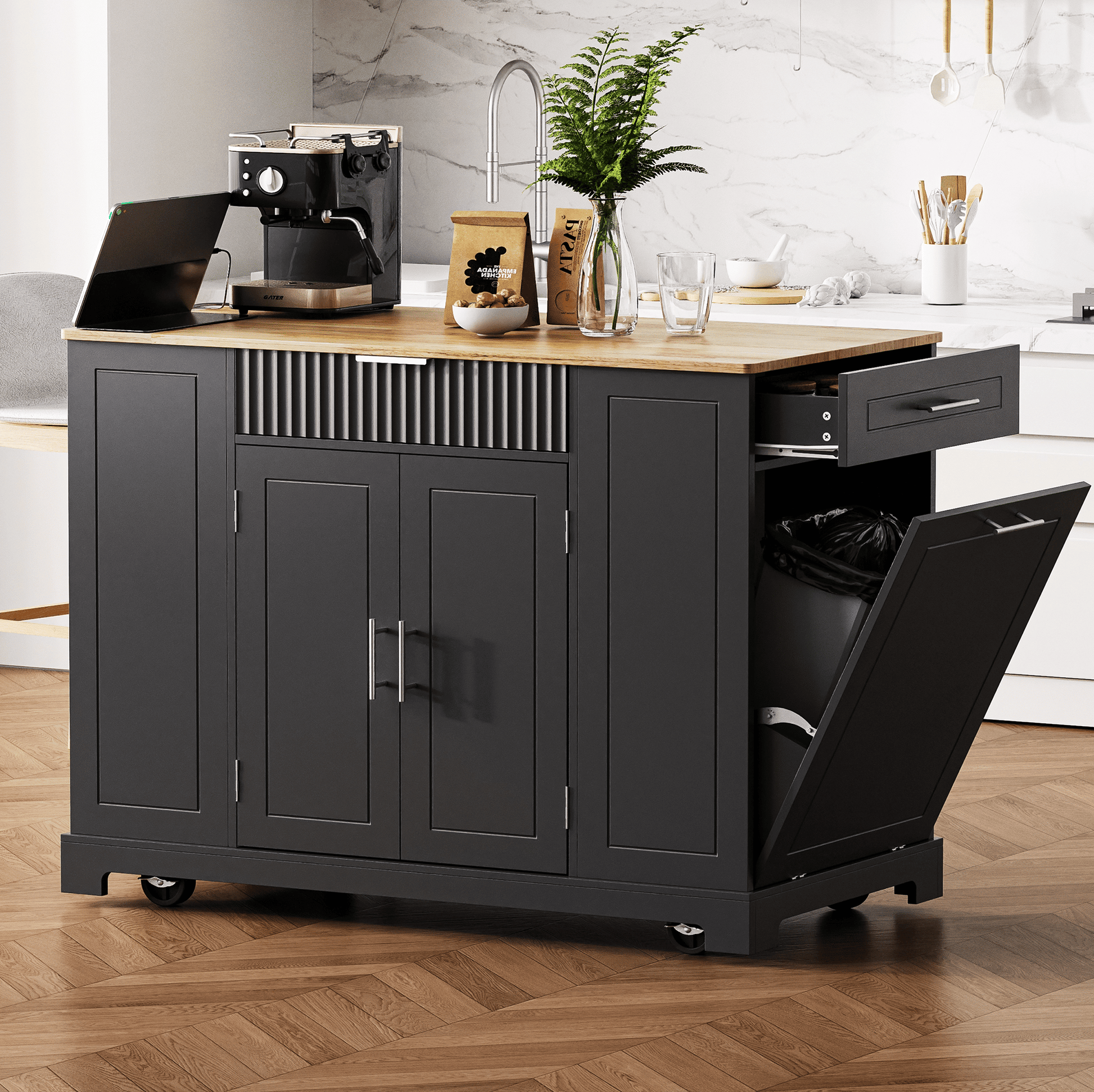 Fluted Kitchen Island with Trash Can Storage Cabinet, Power Outlet, Internal Storage Rack, Rolling Kitchen Islands on 5 Wheels with 3 Drawer, 3 Open Side Racks for 10 Gallon Garbage Bin - luxuryhomedecoridea.com