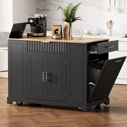 Fluted Kitchen Island with Trash Can Storage Cabinet, Power Outlet, Internal Storage Rack, Rolling Kitchen Islands on 5 Wheels with 3 Drawer, 3 Open Side Racks for 10 Gallon Garbage Bin - luxuryhomedecoridea.com