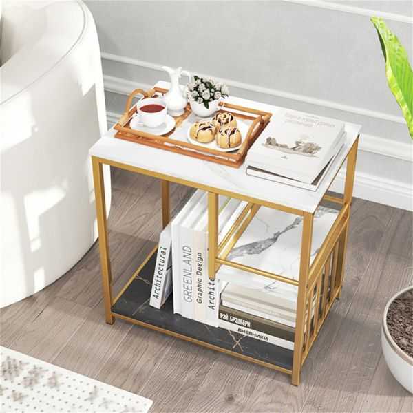 3-Tier Side Table with Marble Top & Gold Frame, Modern 23.5" End Table for Living Room Bedroom - luxuryhomedecoridea.com