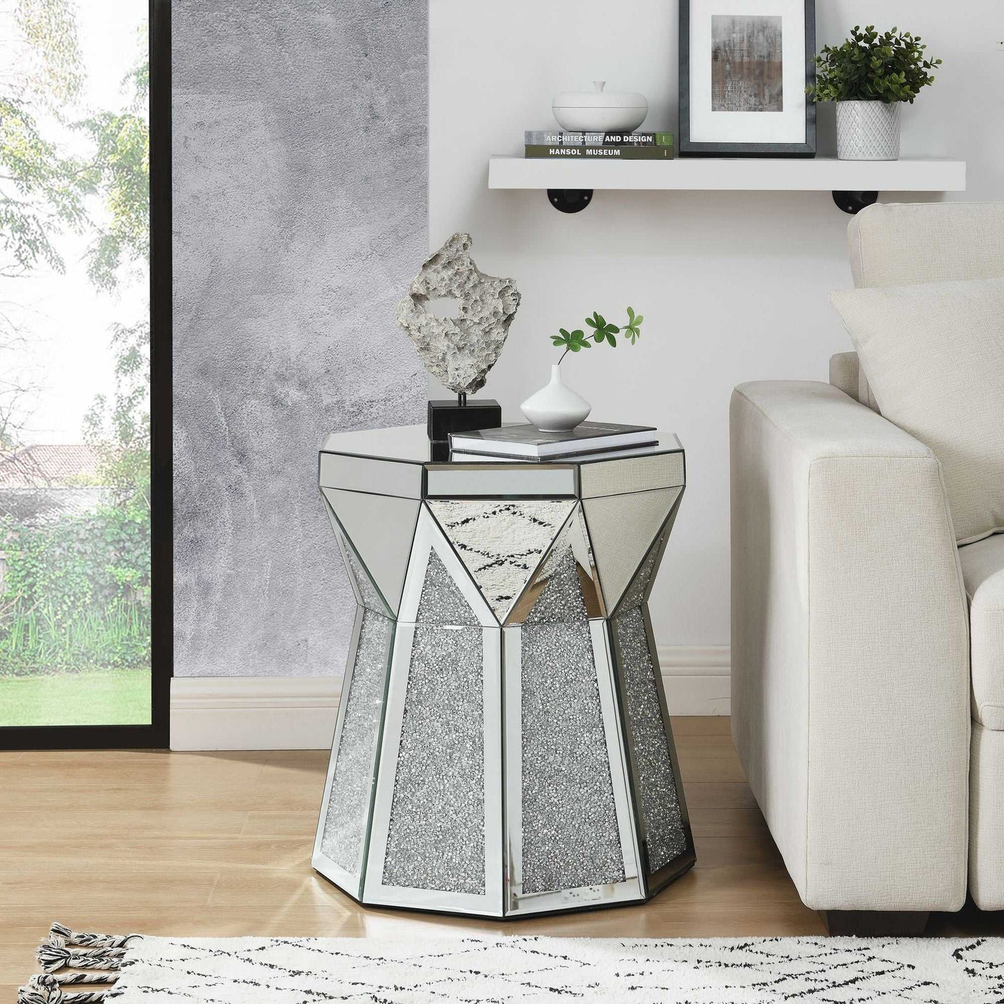 Drum style coffee table with mirror crystal inlay, polygonal silver decorative table, modern design luxury modern furniture, 20 inch (about 50 centimeters) low coffee table, suitable for living room - luxuryhomedecoridea.com