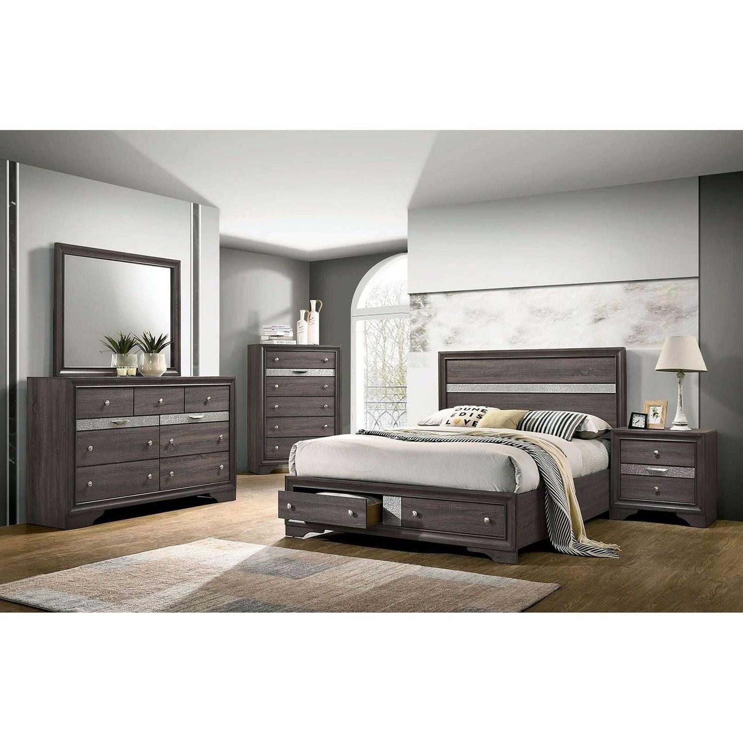 Contemporary 1pc Nightstand Gray Finish Silver Accents Hidden Jewelry Drawer Nickel Round Knob Bedside Table Bedroom Furniture - luxuryhomedecoridea.com