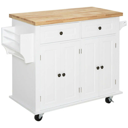 Rolling Kitchen Cart, White, Wood Top, Spice/Towel Rack, Storage Drawers, Movable Dining Room Trolley - luxuryhomedecoridea.com