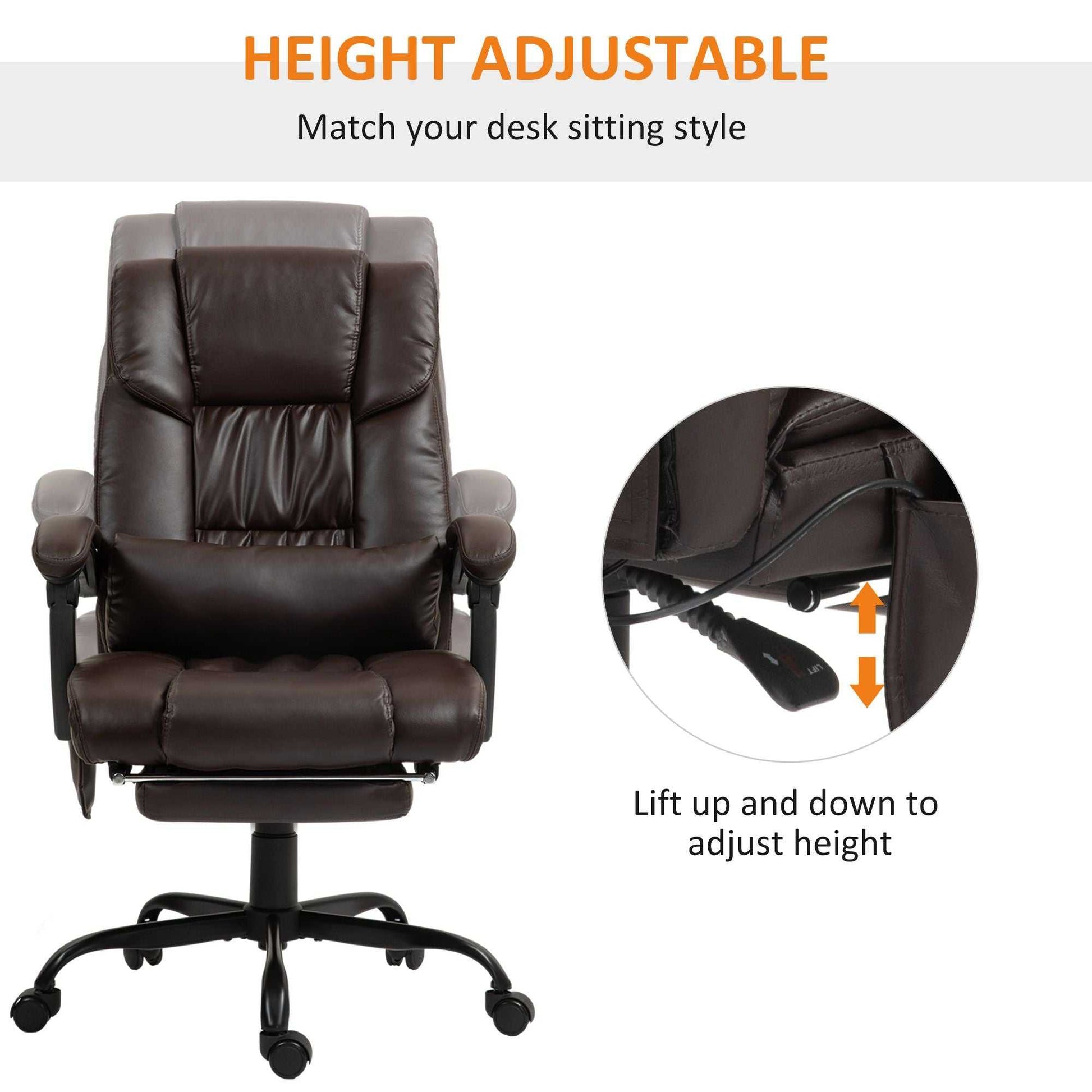 High Back PU Leather Massage Office Chair, 6 Vibration Points, Ergonomic with Footrest, Adjustable Height, Remote, Brown - luxuryhomedecoridea.com