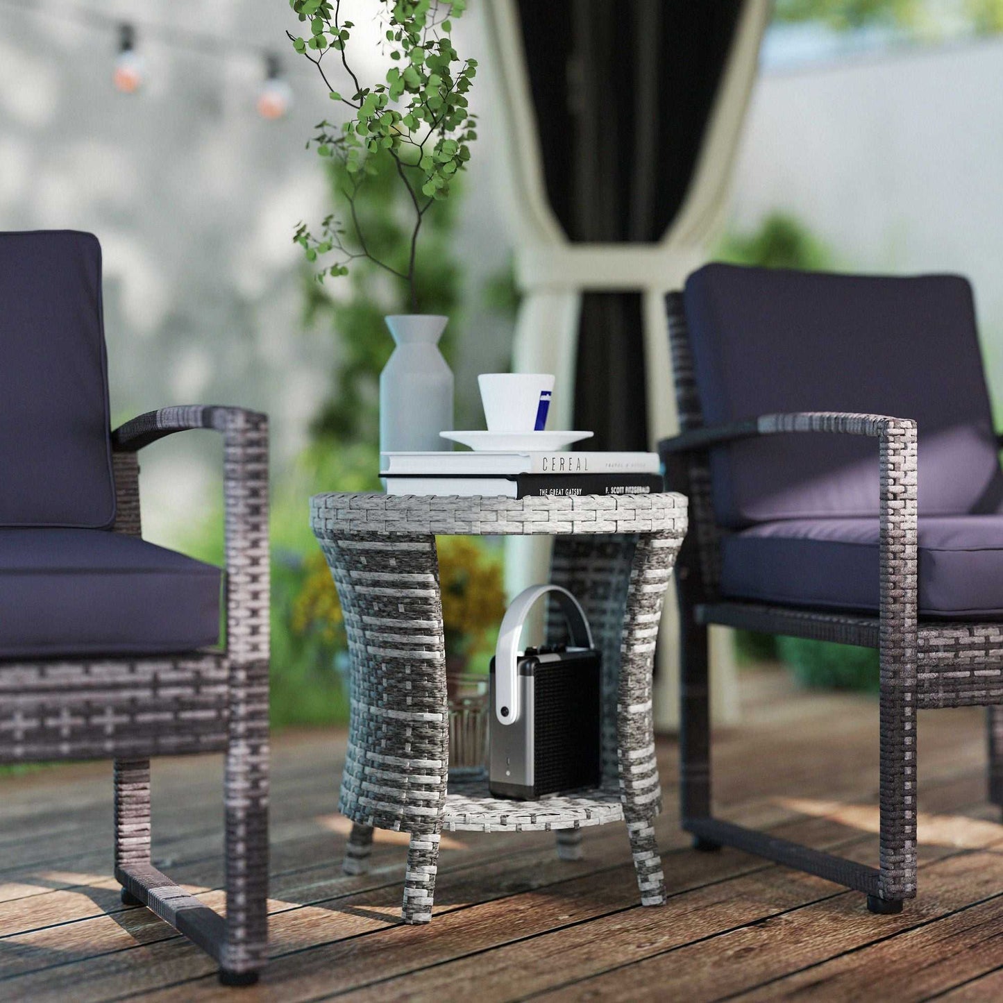 18" Wicker Outdoor Coffee Table, PE Rattan Patio Side Table with 2-Tier Storage, Composite Wood Top, Mixed Gray - luxuryhomedecoridea.com