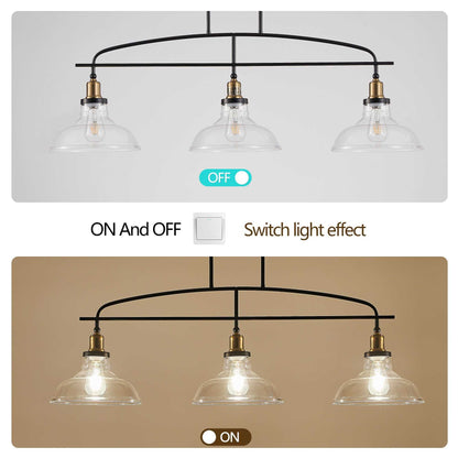 45" Industrial 3-Light Pendant Chandelier with Clear Glass Shades, Black Metal Frame, Adjustable Height, Modern Farmhouse Lighting for Kitchen Island, Dining Room, or Living Room (Bulb Not Included) - luxuryhomedecoridea.com