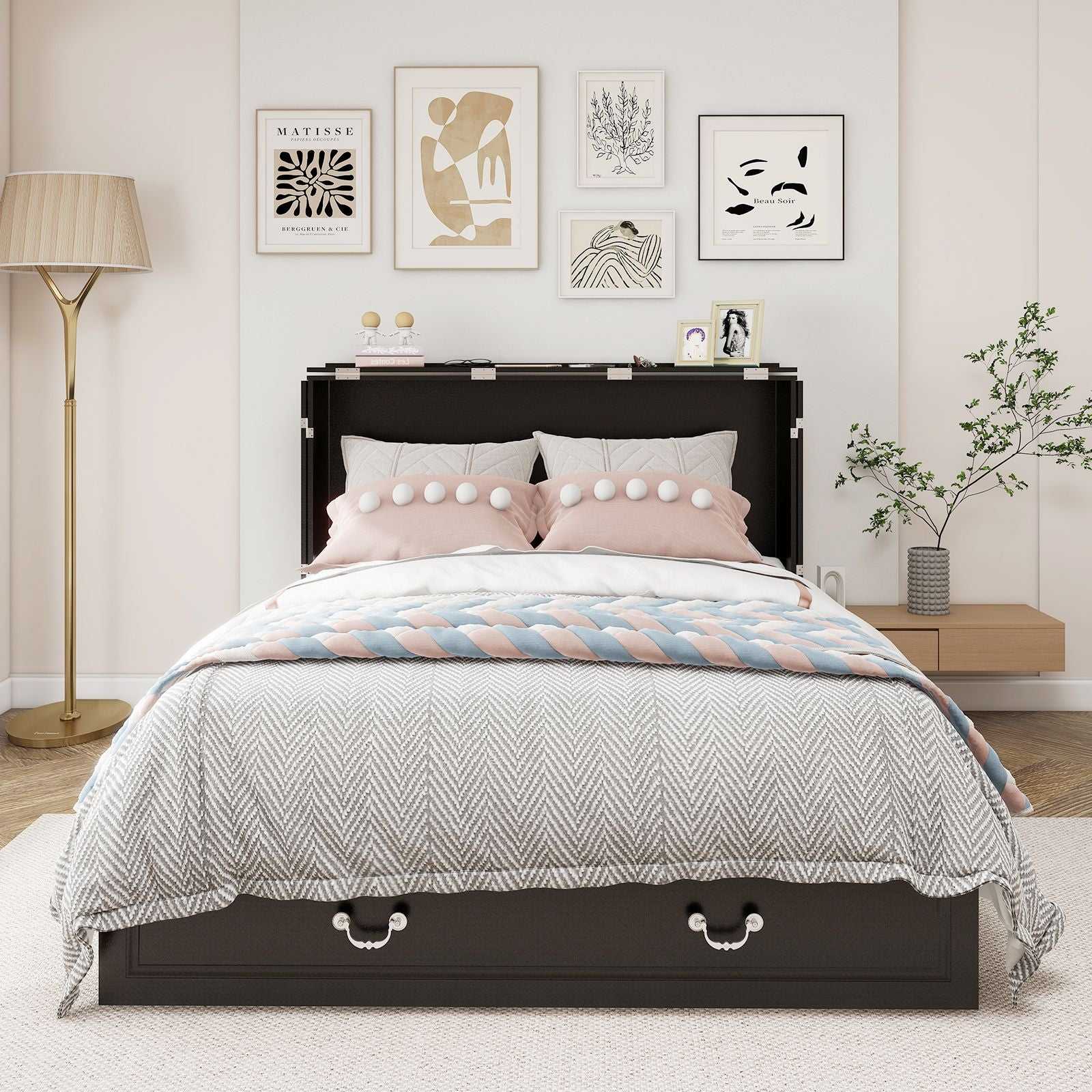 Queen Size Murphy Bed Frame with Drawers Murphy Chest Bed with Charging Station, 2 USB Ports Mobile Murphy Bed Sleeping Arrangement for Multipurpose Area for Bedroom Living Room Guest Room White&Wood - luxuryhomedecoridea.com