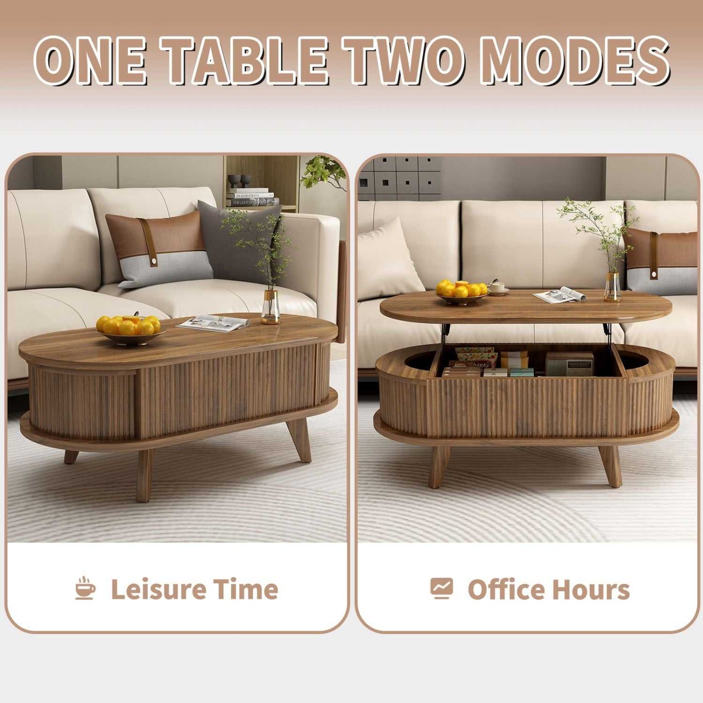 Fluted Lift Top Coffee Table with Hidden Compartment, Wooden Center Table, Modern Oval Lift Tabletop for Home Living Room Office, Walnut Brown Color - luxuryhomedecoridea.com