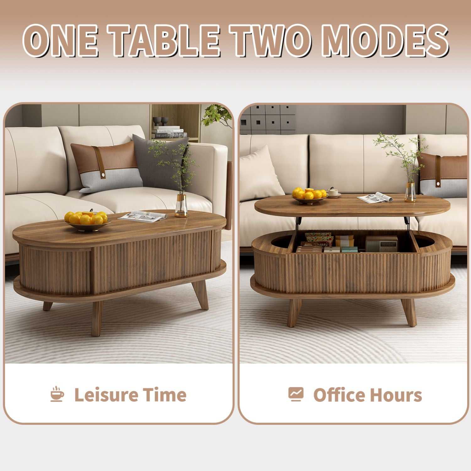 Fluted Lift Top Coffee Table with Hidden Compartment, Wooden Center Table, Modern Oval Lift Tabletop for Home Living Room Office, Walnut Brown Color - luxuryhomedecoridea.com