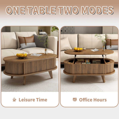 Fluted Lift Top Coffee Table with Hidden Compartment, Wooden Center Table, Modern Oval Lift Tabletop for Home Living Room Office, Walnut Brown Color - luxuryhomedecoridea.com