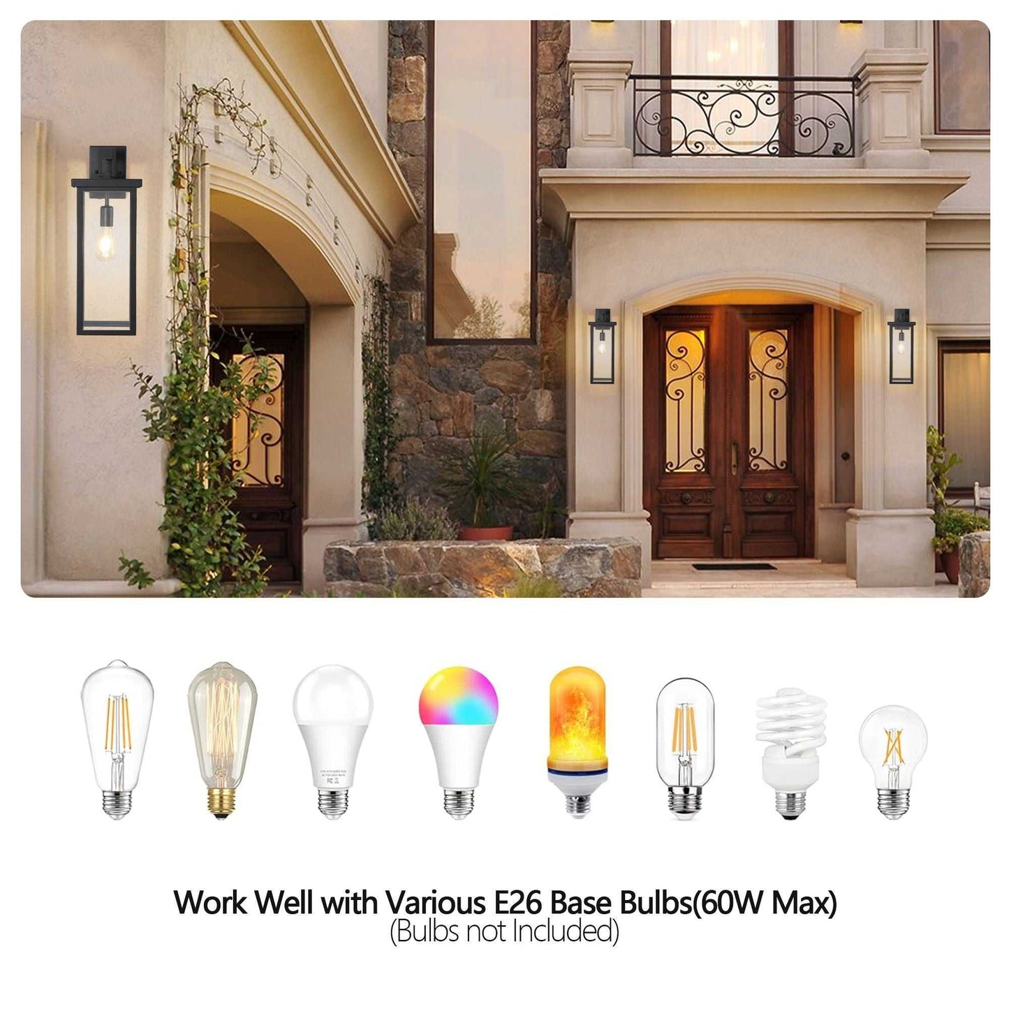 20"(H) Set of 2 Modern Outdoor Wall Lanterns with Black Metal Frame and Clear Glass, Weatherproof Wall Sconces for Porch, Garage, or Entryway Lighting, E26 Bulb Compatible (No Bulbs) - luxuryhomedecoridea.com