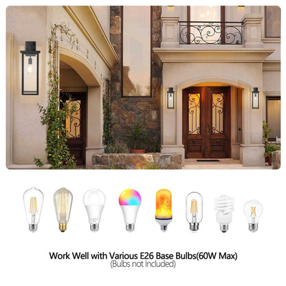 20"(H) Set of 2 Modern Outdoor Wall Lanterns with Black Metal Frame and Clear Glass, Weatherproof Wall Sconces for Porch, Garage, or Entryway Lighting, E26 Bulb Compatible (No Bulbs) - luxuryhomedecoridea.com