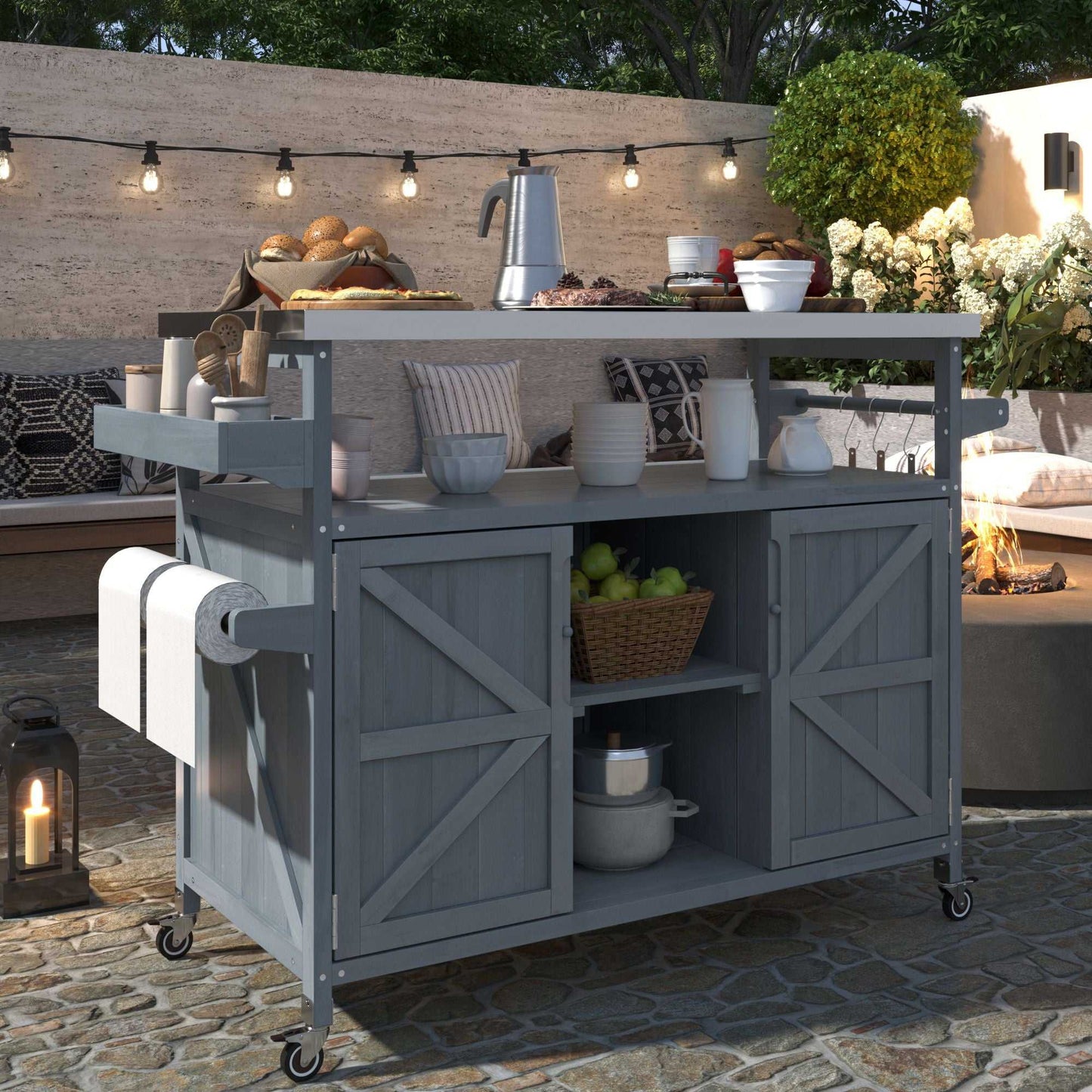 Outdoor Kitchen Island, Rolling Bar Cart & Storage Cabinet, Farmhouse Solid Wood Outdoor Grill Table with Stainless Steel Top, Spice Rack , Towel Rack for Kitchen & BBQ , Grey Blue - luxuryhomedecoridea.com
