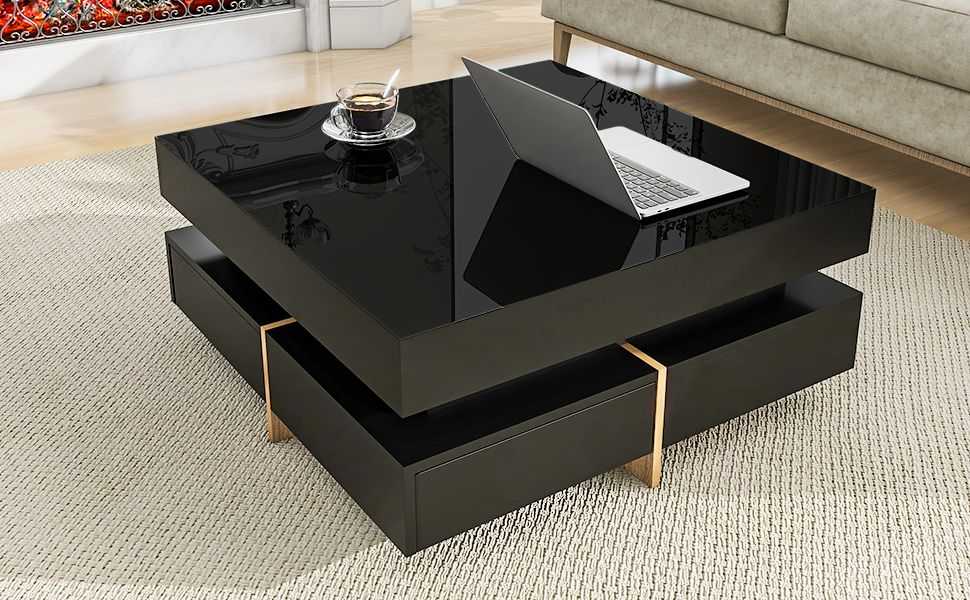 ON-TREND Modern High Gloss Coffee Table with 4 Drawers, Multi-Storage Square Cocktail Tea Table with Wood Grain Legs, Center Table for Living Room, 31.5''x31.5'', Black - luxuryhomedecoridea.com