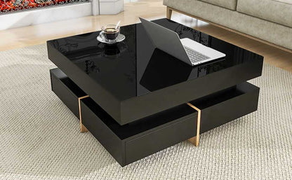 ON-TREND Modern High Gloss Coffee Table with 4 Drawers, Multi-Storage Square Cocktail Tea Table with Wood Grain Legs, Center Table for Living Room, 31.5''x31.5'', Black - luxuryhomedecoridea.com