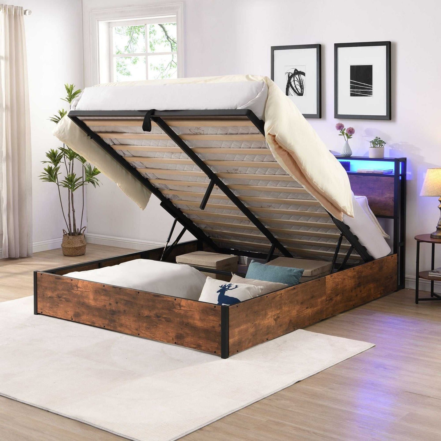 Lift-up Storage Bed Frame, Full Size Bed Frame with Bookcase Headboard & LED Lights, Wooden Platform Bed Frame with Charging Station, No Spring Box Needed, Rustic Brown - luxuryhomedecoridea.com