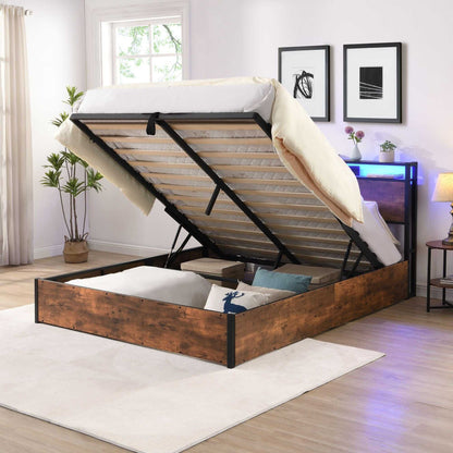 Lift-up Storage Bed Frame, Full Size Bed Frame with Bookcase Headboard & LED Lights, Wooden Platform Bed Frame with Charging Station, No Spring Box Needed, Rustic Brown - luxuryhomedecoridea.com