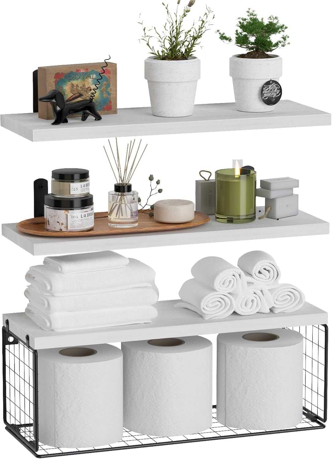 Bathroom Shelf Over Toilet, Floating Bathroom Shelf Wall Mounted with Wire Basket, Floating Shelf for Wall Décor - luxuryhomedecoridea.com