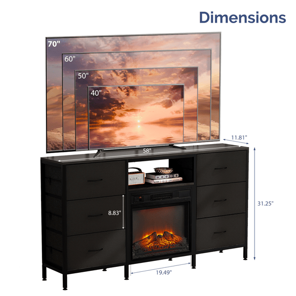 Black Embossed Fireplace TV Stand with 18 Inch Insert & 6 Fabric Drawers, RGB Lights, Industrial Iron-Wood Design Media Console, 58 x 11.8 x 31.3 Inch - luxuryhomedecoridea.com