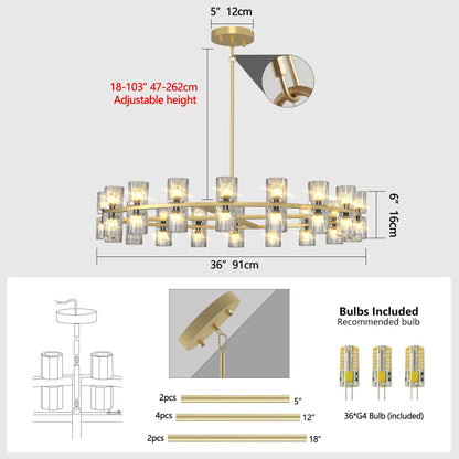 Modern 36" Gold Round Chandelier Light Fixture, K9 Crystal Chandeliers for Dining Room, Living Room, Dining Room Chandeliers Over Table, Chandelier for Bedroom, Foyer, Includes 36XG4 Bulbs - luxuryhomedecoridea.com