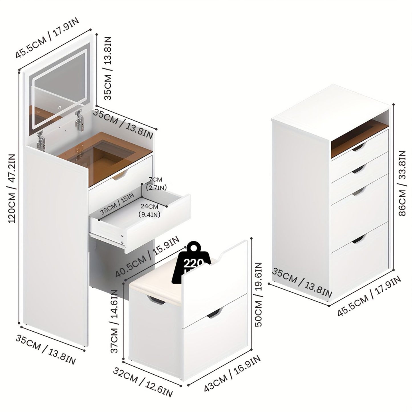 Dressing Table and Stool, 3-in-1 Multifunctional Dressing Table Set, Featuring Three-color Lighting Modes, HD Mirror, Two Sliding Drawers, and a Hidden Storage Stool - luxuryhomedecoridea.com