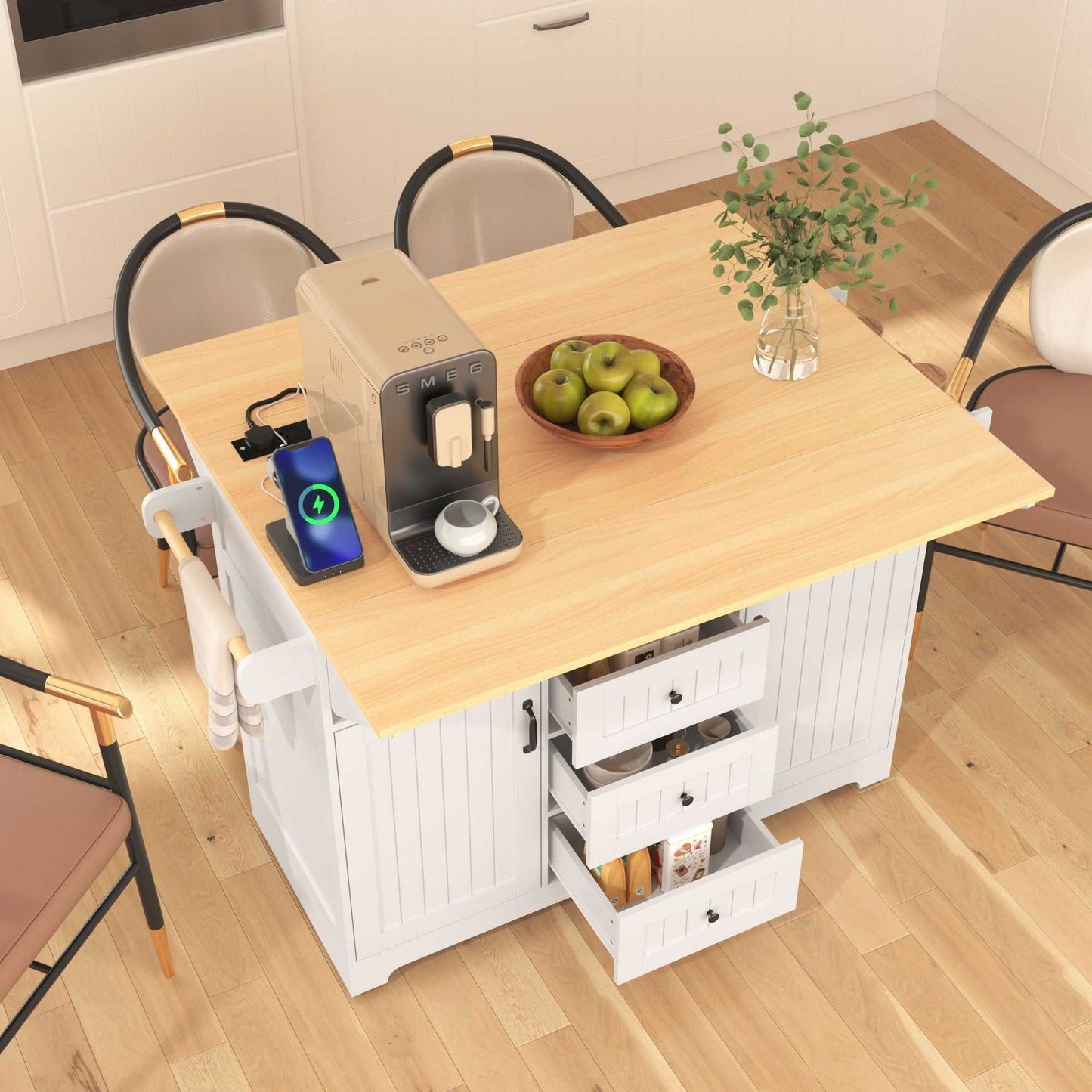 55.7" Large Kitchen Island with 2 Drop Leaf,Rolling Kitchen Cart on 5 Wheels with Power Outlet, Folding Storage Dining Table with Spice & Towel Rack , 3 Drawers, for Kitchen, Dining Room - luxuryhomedecoridea.com