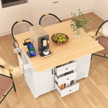 55.7" Large Kitchen Island with 2 Drop Leaf,Rolling Kitchen Cart on 5 Wheels with Power Outlet, Folding Storage Dining Table with Spice & Towel Rack , 3 Drawers, for Kitchen, Dining Room - luxuryhomedecoridea.com
