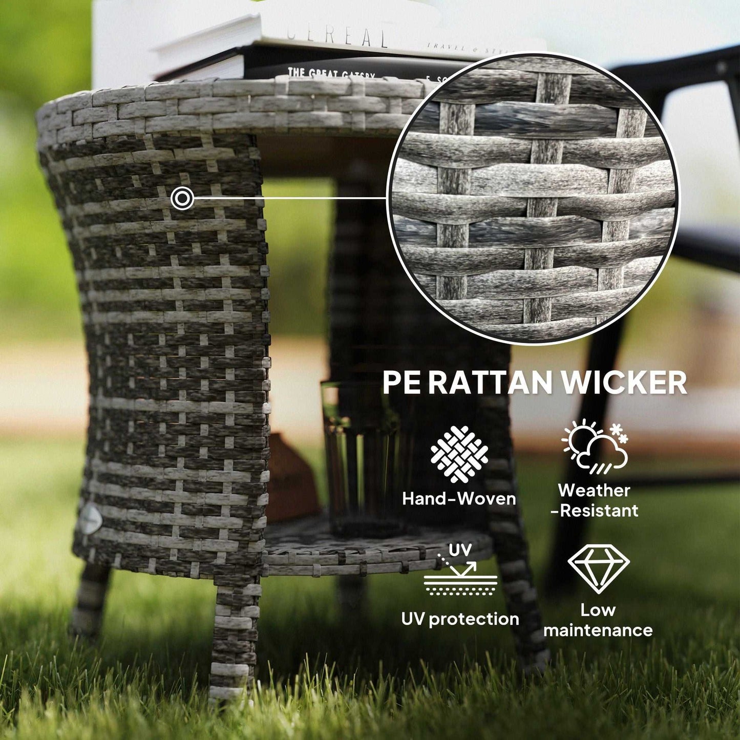 18" Wicker Outdoor Coffee Table, PE Rattan Patio Side Table with 2-Tier Storage, Composite Wood Top, Mixed Gray - luxuryhomedecoridea.com