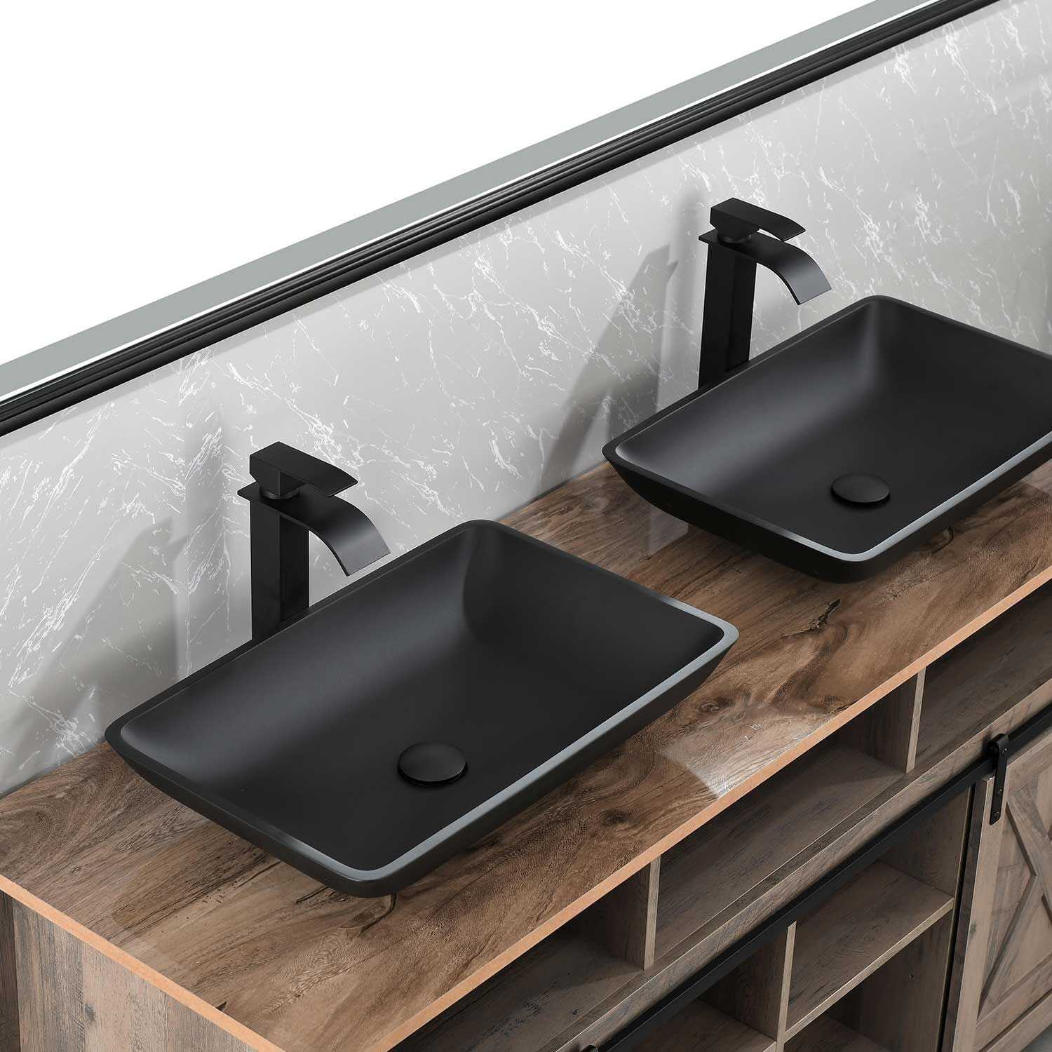 14.38" L -22.25" W -4-3/8 in. H Matte Shell Glass Rectangular Vessel Bathroom Sink in Black with Faucet and Pop-Up Drain in Matte Black - luxuryhomedecoridea.com