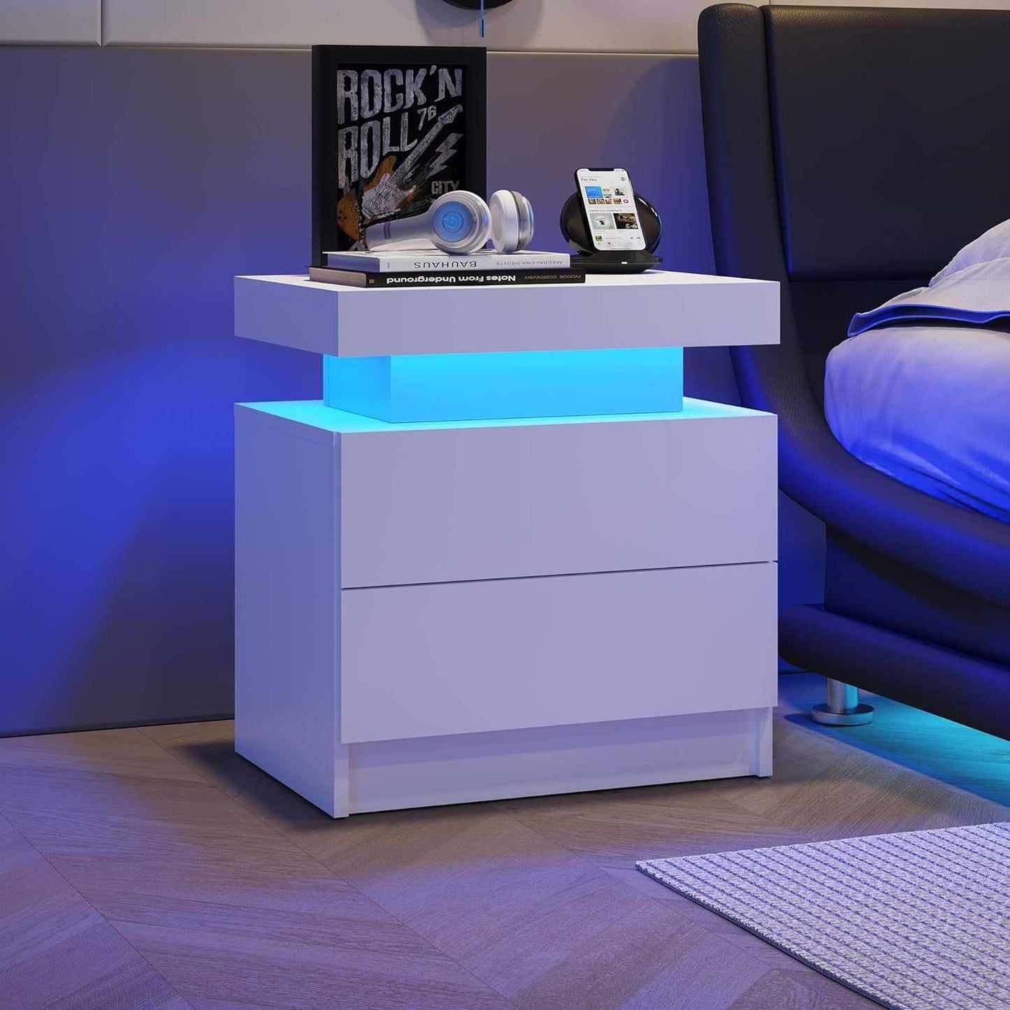 Nightstand LED Bedside Table Cabinet Lights Modern End Side with 2 Drawers for Bedroom (White) - luxuryhomedecoridea.com