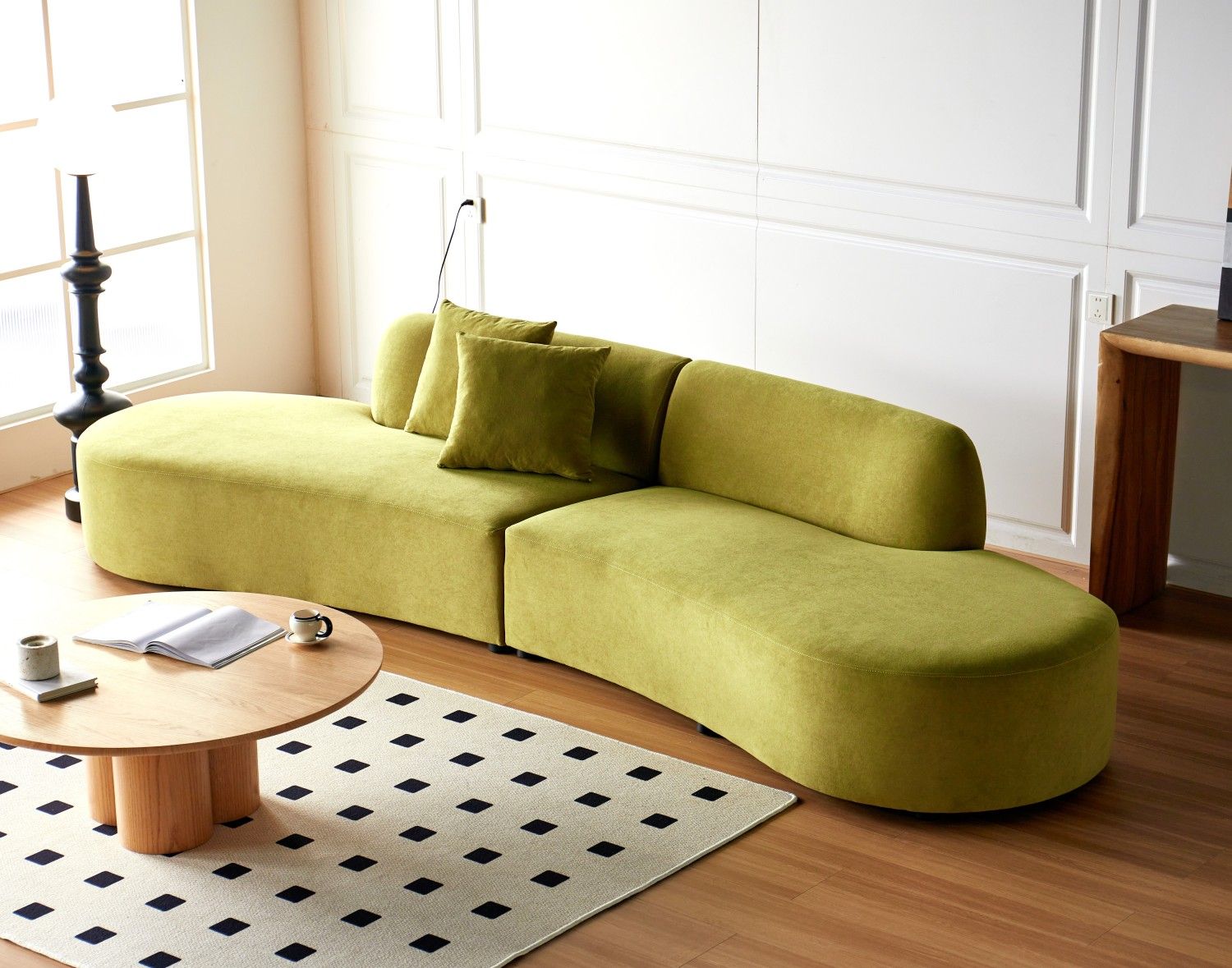 132" Curved Sofa with Throw Pillows, 6 Seater Luxury Velvet Couch with Half Moon Design and High-Density Foam, Ideal for Modern Living Room, Office & Apartment, Olive Green - luxuryhomedecoridea.com
