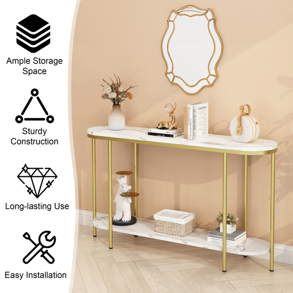2-Tier Oval Console Table, White Faux Marble Top with Gold Metal Frame, Modern Entryway Table with Open Shelf, 42.1"×11.4"×30.5" Narrow Sofa Table for Hallway, Living Room & Foyer - luxuryhomedecoridea.com