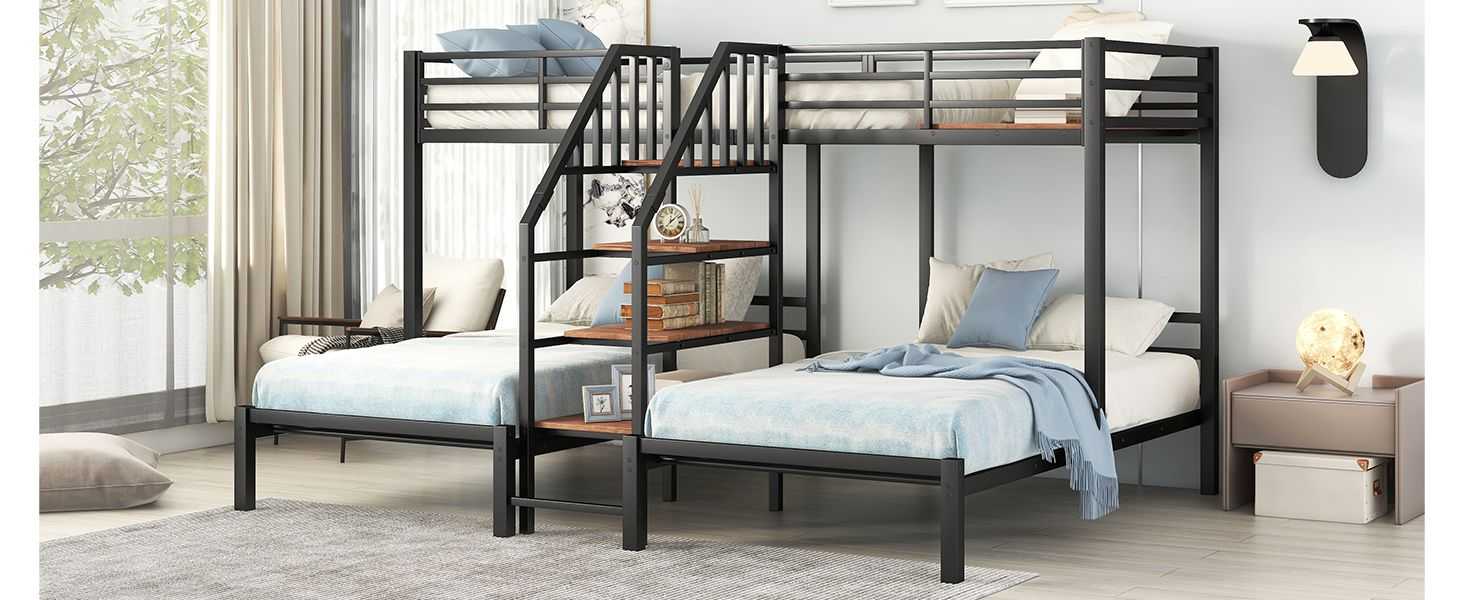 Metal Twin over Twin & Twin Bunk Bed, Triple Bunk Bed with Storage Shelves Staircase, Black - luxuryhomedecoridea.com