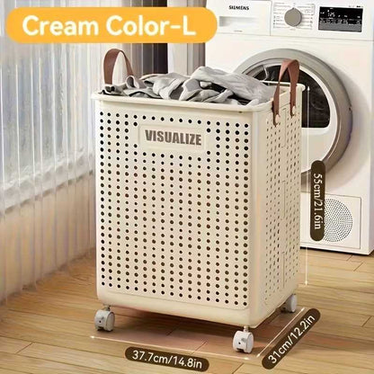 Collapsible Laundry Basket with Wheels, Medium-Large White Ceramic Look Hamper with Faux Leather Handles, Portable and Durable Clothes Storage Bin for Bathroom, Balcony, and Home Organization - luxuryhomedecoridea.com