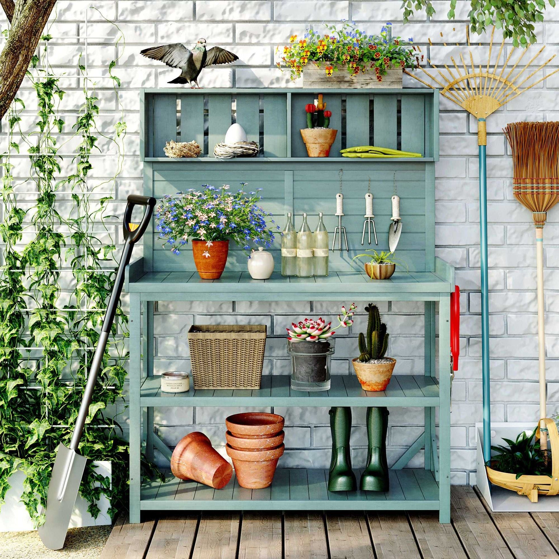 65" Large Wooden Farmhouse Rustic Outdoor Potting Bench Table; Patio Workstation; Garden Potting Bench with 4 Storage Shelves and Side Hook - luxuryhomedecoridea.com