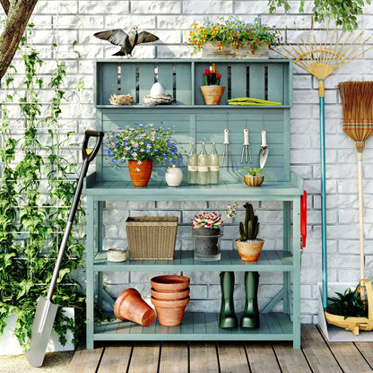 65" Large Wooden Farmhouse Rustic Outdoor Potting Bench Table; Patio Workstation; Garden Potting Bench with 4 Storage Shelves and Side Hook - luxuryhomedecoridea.com