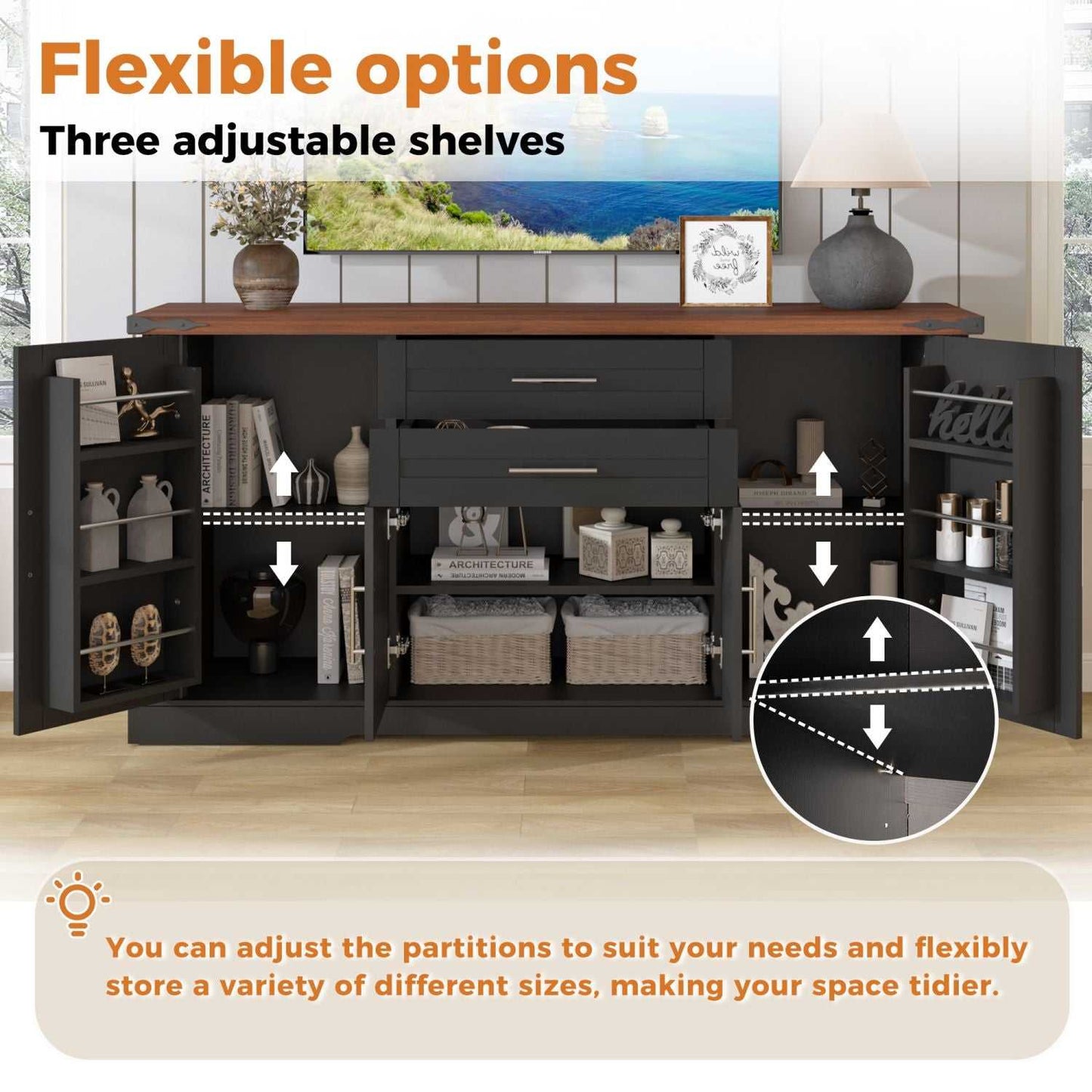 63" Farmhouse Barn Door Storage Cabinet with 2 Drawers & Door Rack, Large Buffet Table Coffee Bar Cabinets with Adjustable Shelves for Kitchen, Living Room, Entryway, Dining Room, Black - luxuryhomedecoridea.com