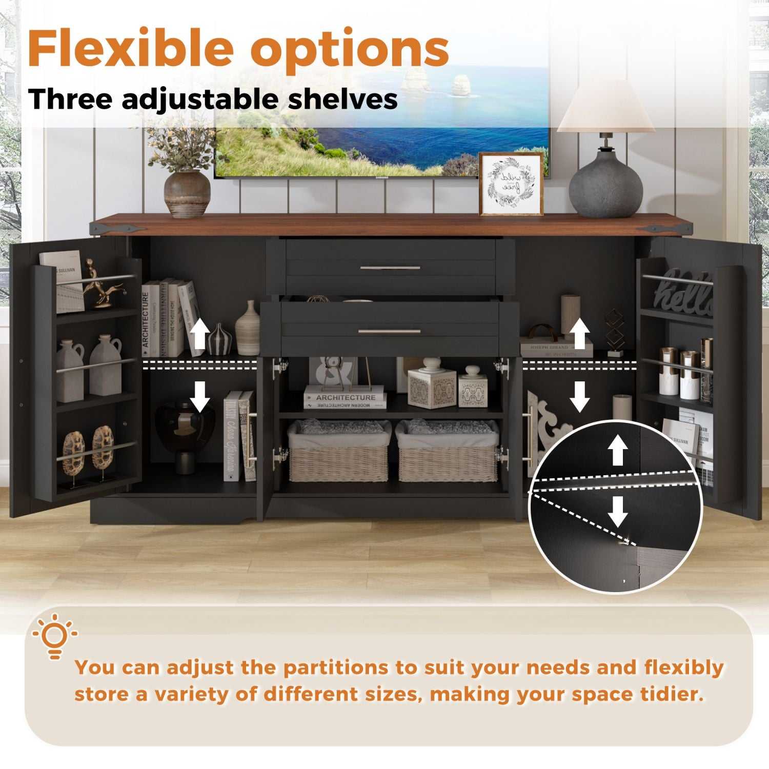 63" Farmhouse Barn Door Storage Cabinet with 2 Drawers & Door Rack, Large Buffet Table Coffee Bar Cabinets with Adjustable Shelves for Kitchen, Living Room, Entryway, Dining Room, Black - luxuryhomedecoridea.com