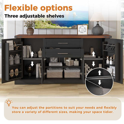 63" Farmhouse Barn Door Storage Cabinet with 2 Drawers & Door Rack, Large Buffet Table Coffee Bar Cabinets with Adjustable Shelves for Kitchen, Living Room, Entryway, Dining Room, Black - luxuryhomedecoridea.com