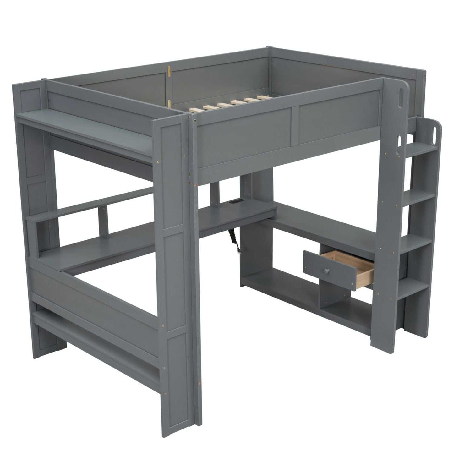 Wood Full Size Gaming Loft Bed with Desk, Multi-storage Shelves, LED and Charging Station, Dark Gray(Old SKU:SM000374AAE) - luxuryhomedecoridea.com